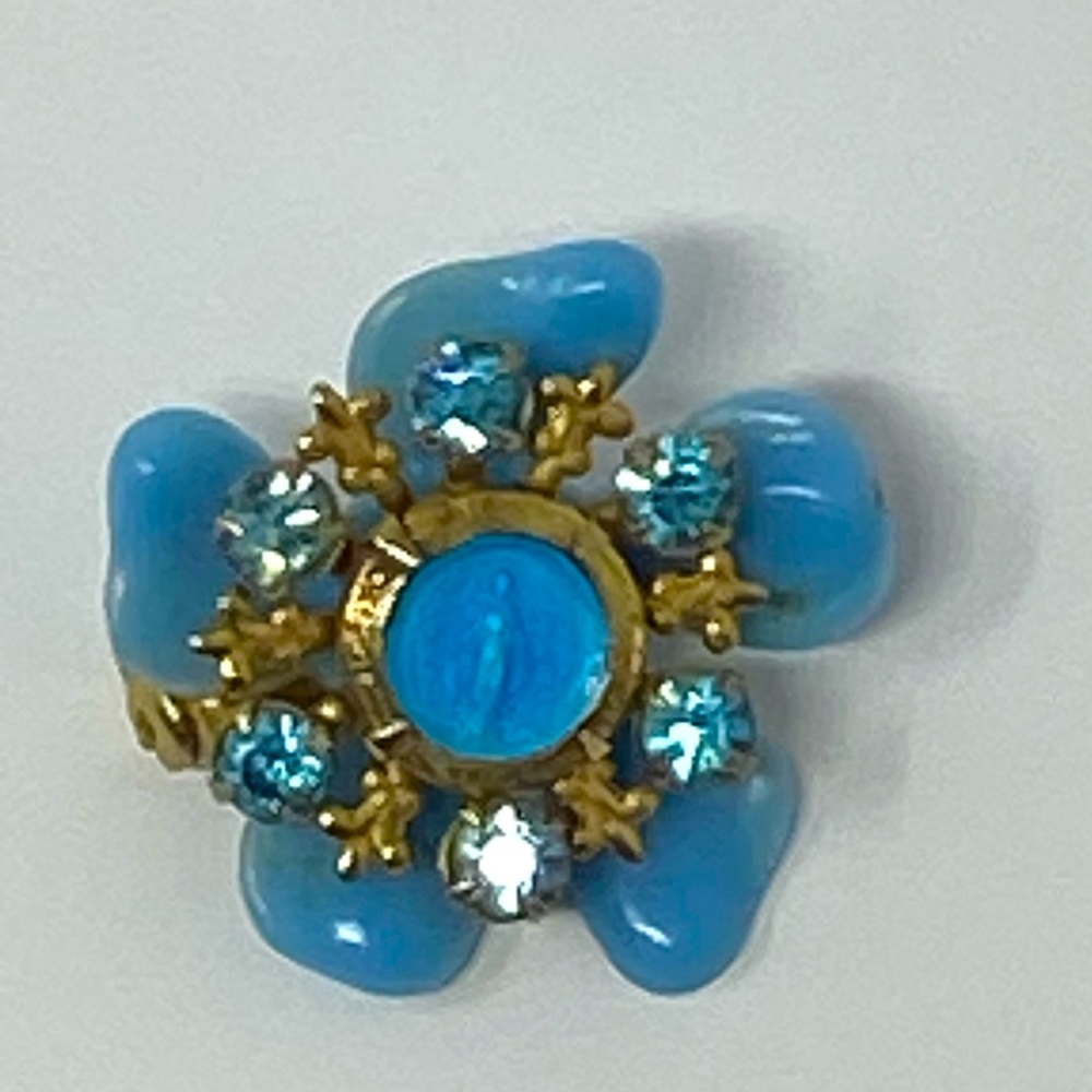 Vintage Virgin Mary Miraculous Medal Blue Rhinestones and Enamel Brooch